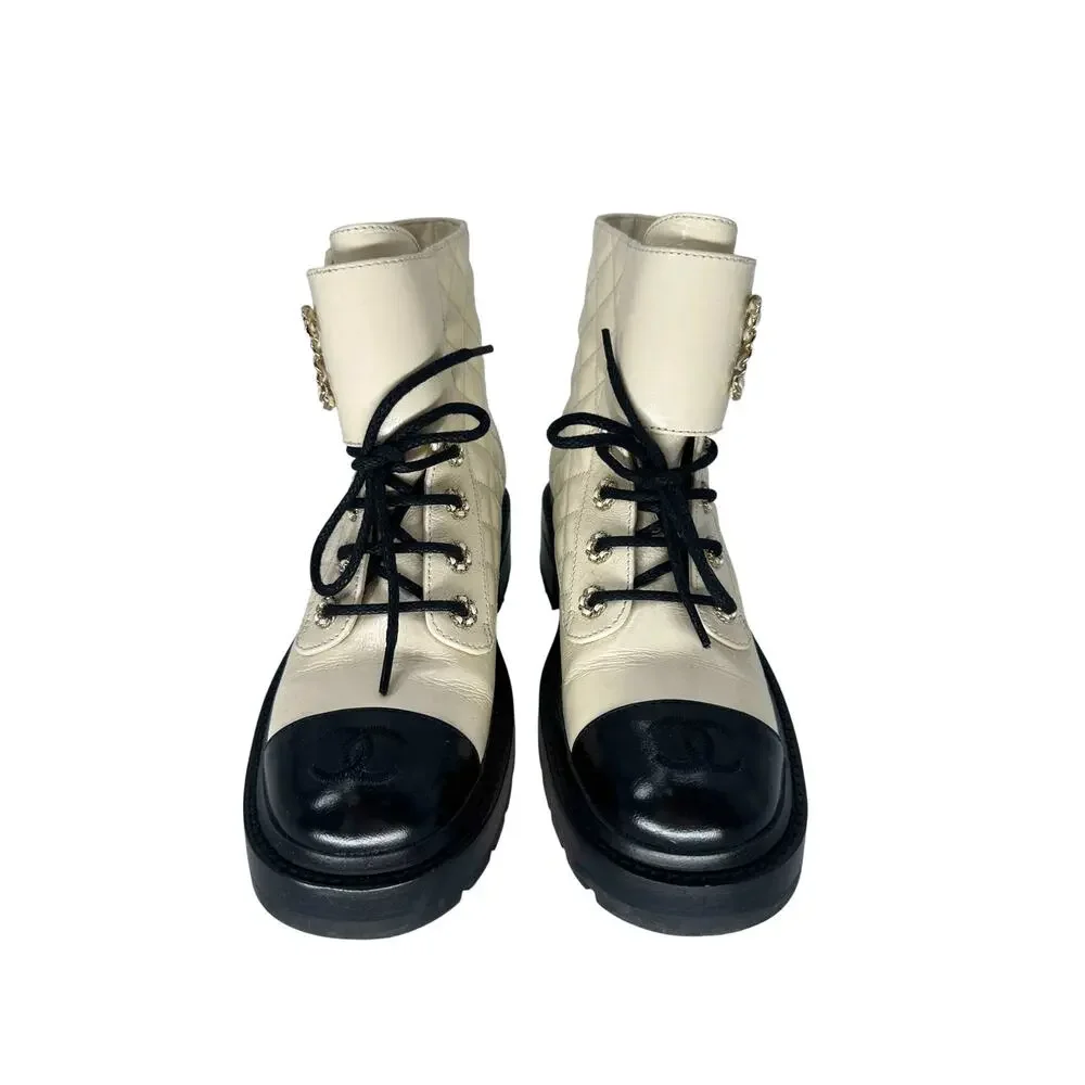 Chanel Goatskin Quilted Chain CC Cap Toe Lace Up Combat Boots Ivory Women's 37.5
